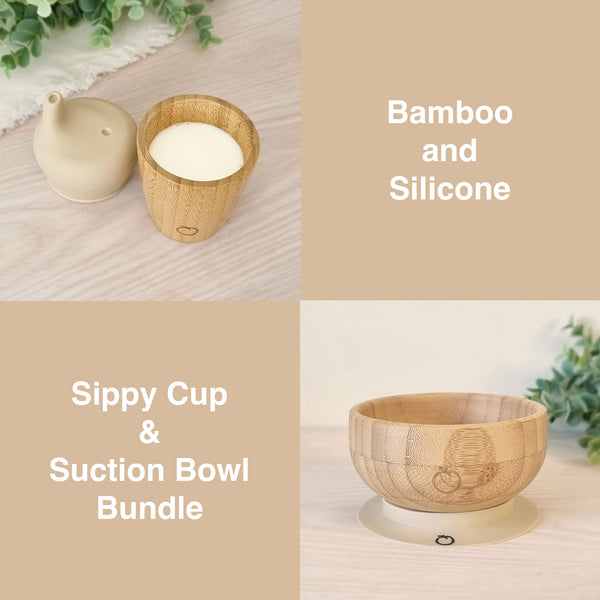 Plum Bamboo and Silicone Sippy Cup & Suction Bowl Bundle - Sand