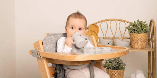 baby in high chair with koala silicone sippy cup, bib and plate