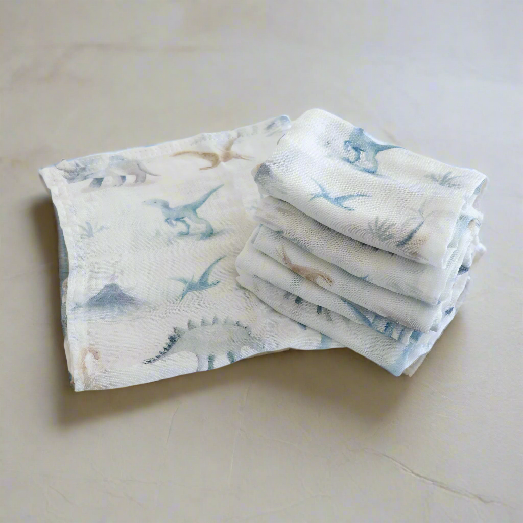 Jurassic Bamboo 6pk Muslin Face Washers - Bubba Blue Australia