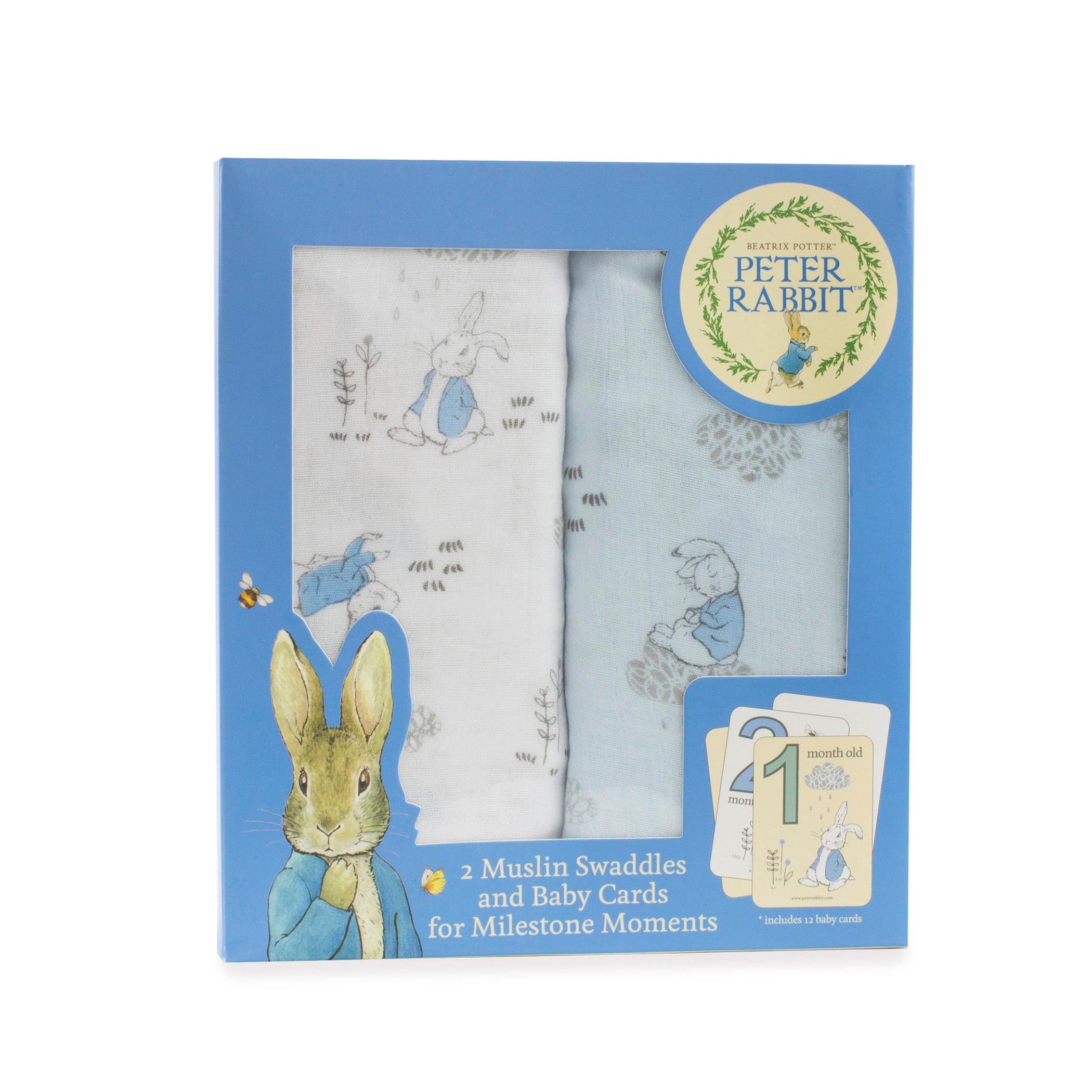 Peter Rabbit 'CLOUD' 2pk Muslin Swaddles & Milestone Cards Set