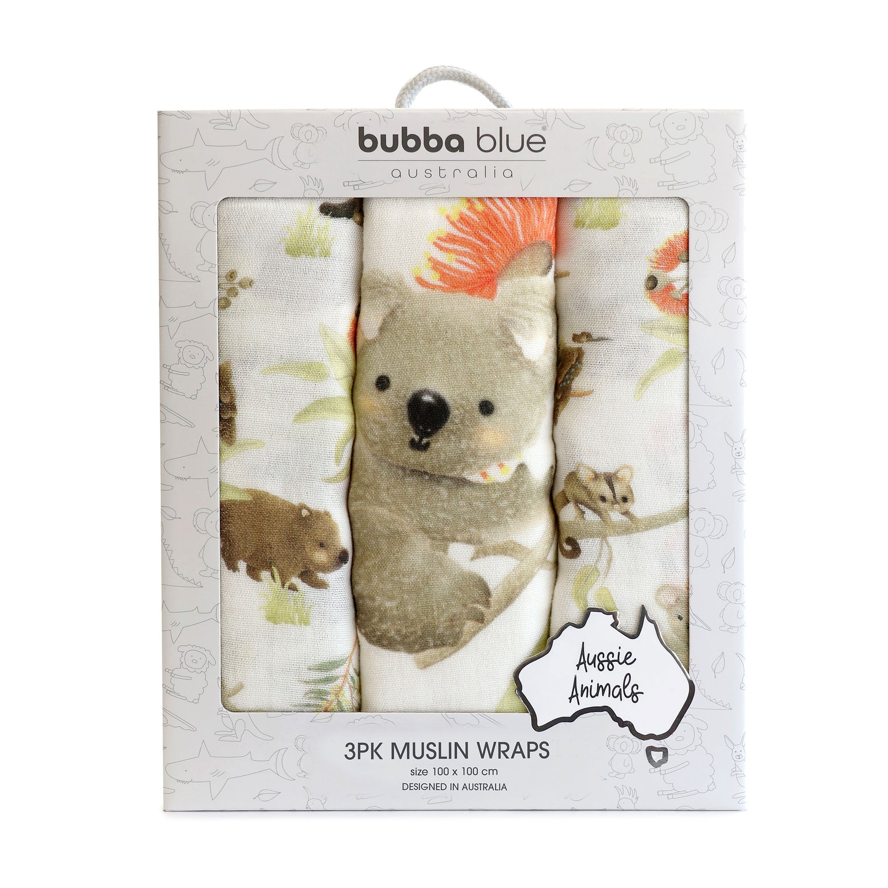 Aussie Animals 3pk Muslin Wraps - Bubba Blue Australia