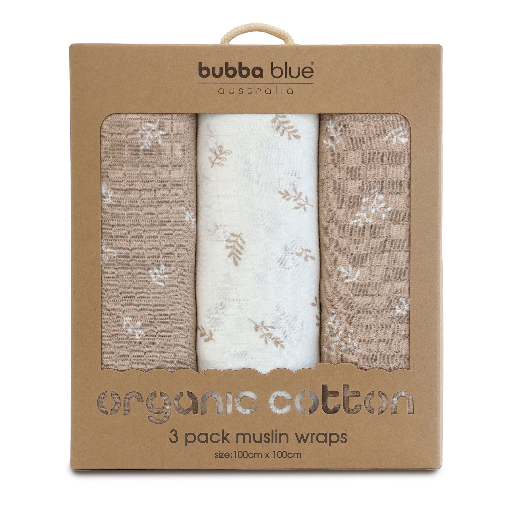 Organic Cotton 3pk Muslin Swaddle Wraps - Chestnut - Bubba Blue Australia