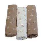 Organic Cotton 3pk Muslin Swaddle Wraps - Chestnut - Bubba Blue Australia