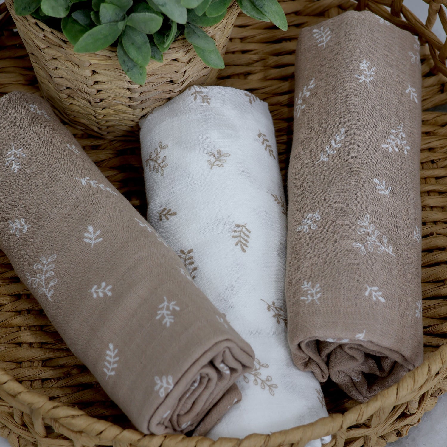 Organic Cotton 3pk Muslin Swaddle Wraps - Chestnut - Bubba Blue Australia