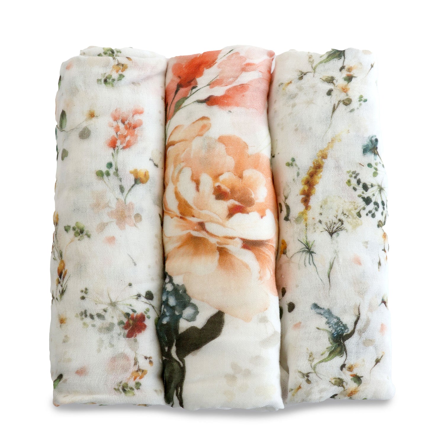 Peonies Bamboo 3pk Muslin Wraps - Bubba Blue Australia