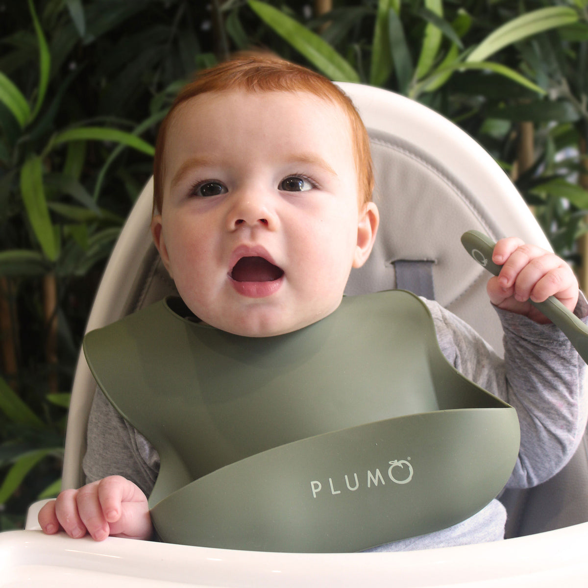 PLUM 3 Piece Silicone Bib and Spoon Set - Olive/Pesto - Bubba Blue Australia