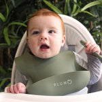 PLUM 3 Piece Silicone Bib and Spoon Set - Olive/Pesto - Bubba Blue Australia