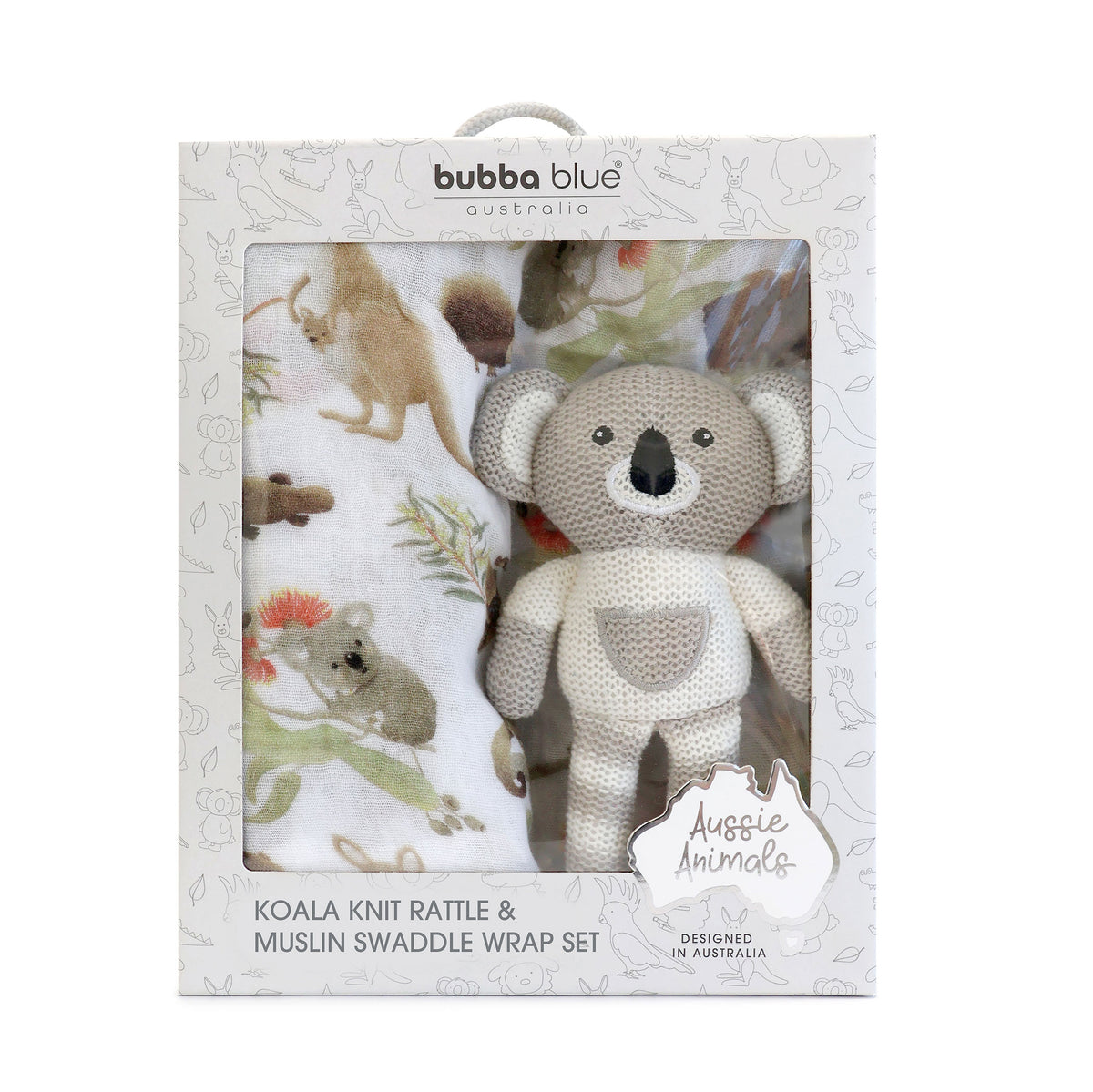 Aussie Animals Koala Muslin Swaddle Wrap and Knit Rattle Toy Gift Set - Bubba Blue Australia