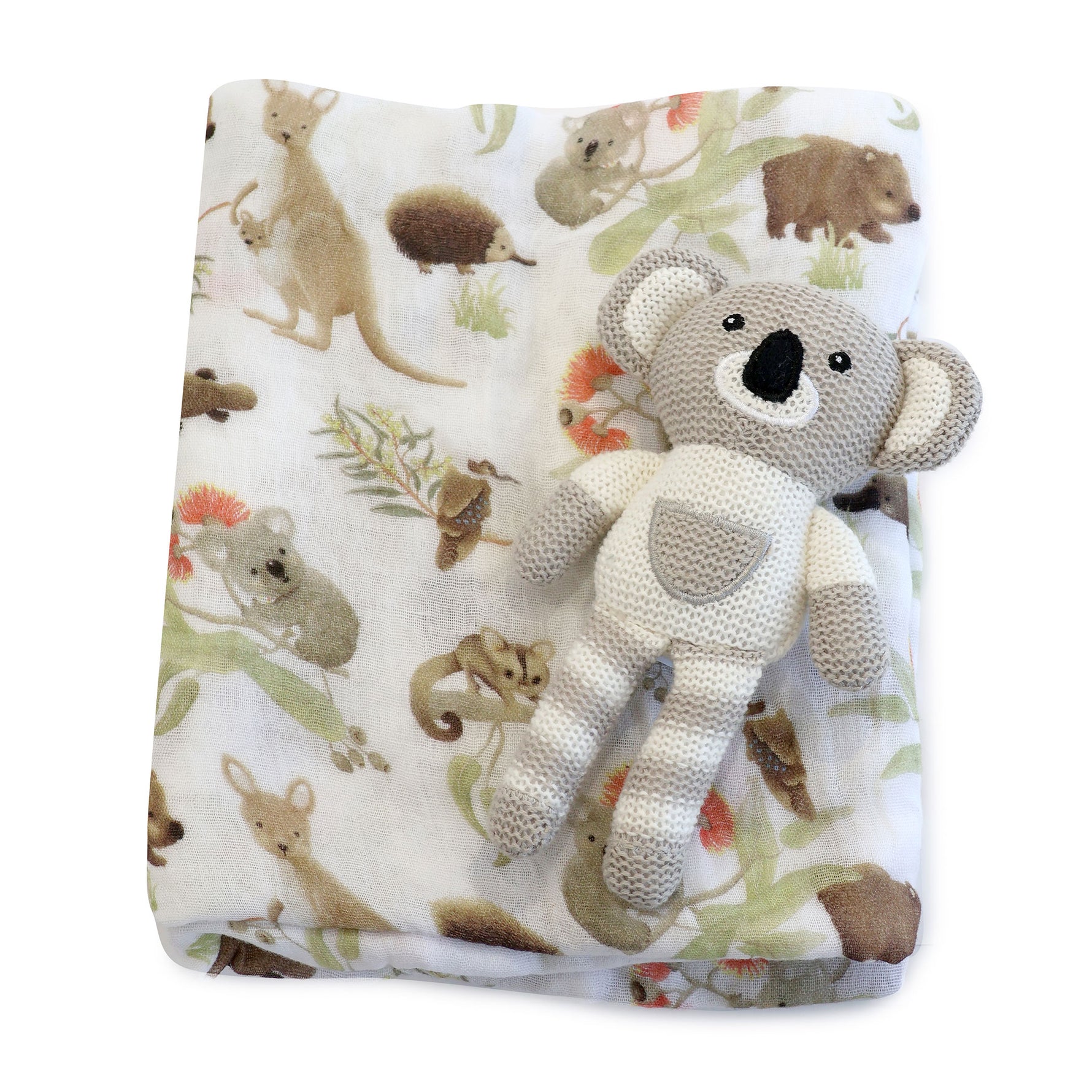 Aussie Animals Koala Muslin Swaddle Wrap and Knit Rattle Toy Gift Set - Bubba Blue Australia