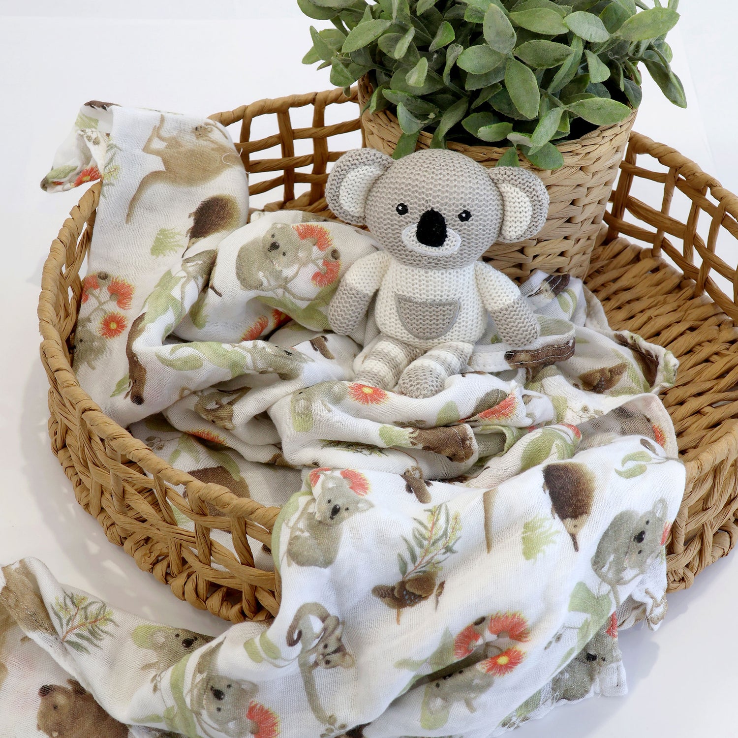 Aussie Animals Koala Muslin Swaddle Wrap and Knit Rattle Toy Gift Set - Bubba Blue Australia