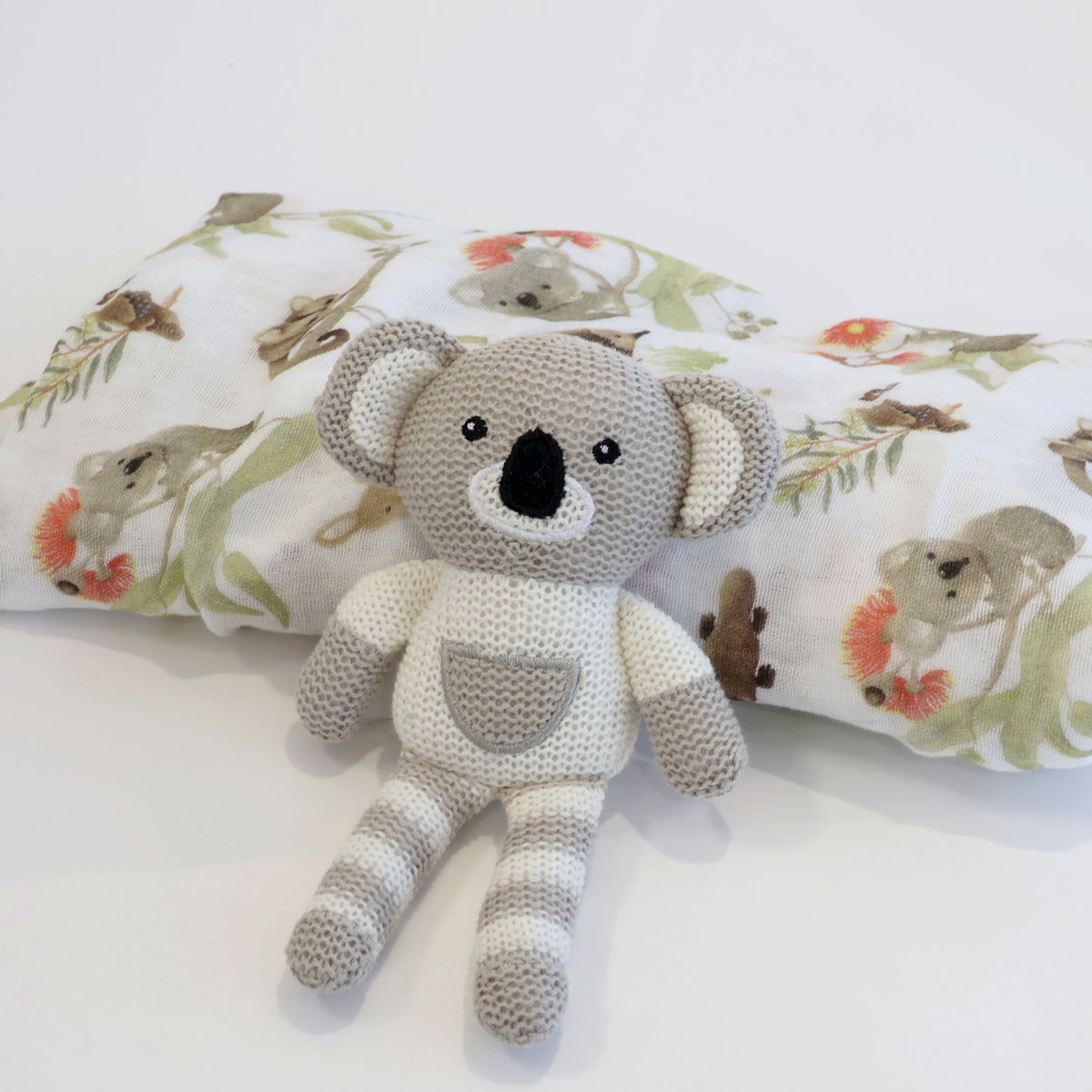 Aussie Animals Koala Muslin Swaddle Wrap and Knit Rattle Toy Gift Set - Bubba Blue Australia