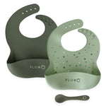 PLUM 3 Piece Silicone Bib and Spoon Set - Olive/Pesto - Bubba Blue Australia