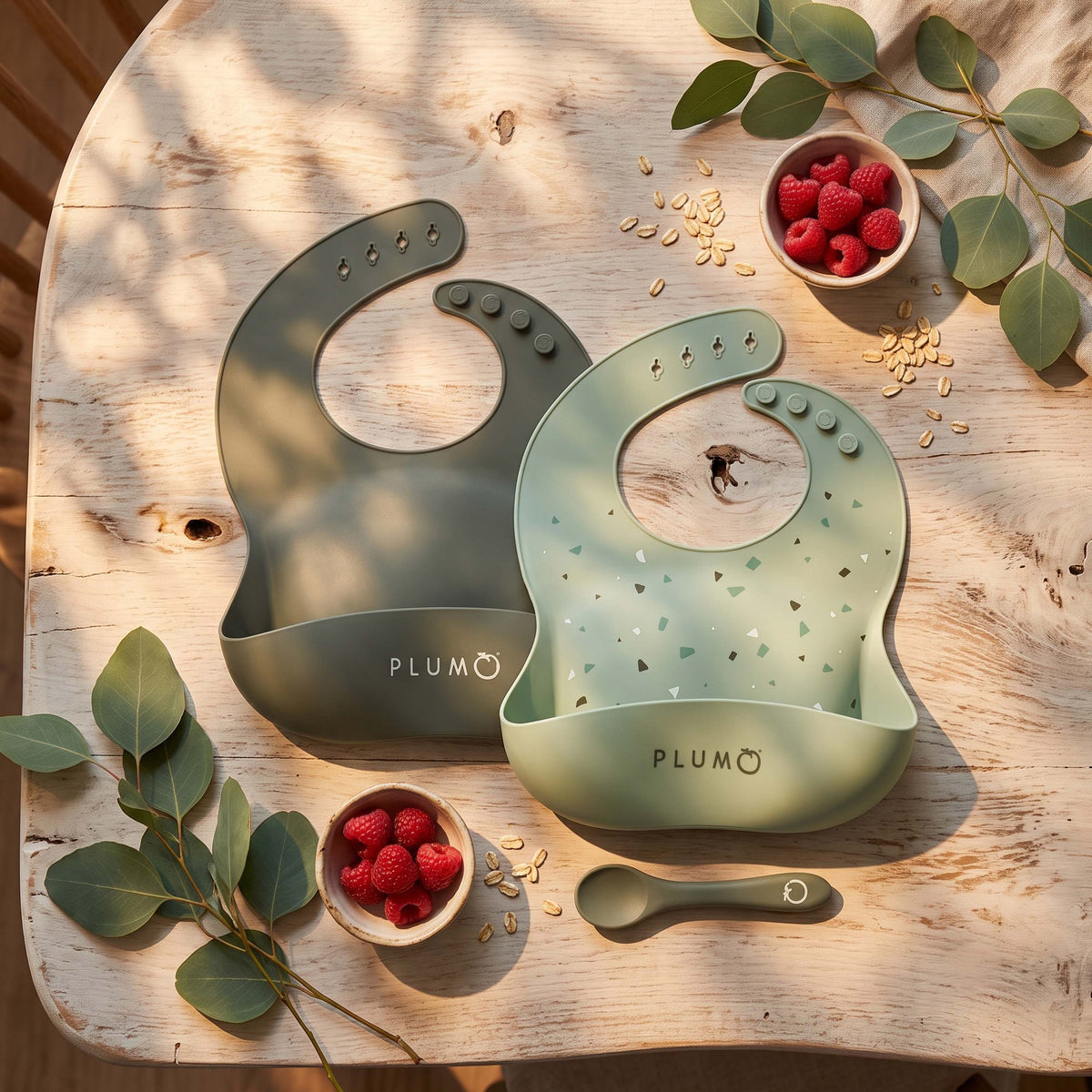 PLUM 3 Piece Silicone Bib and Spoon Set - Olive/Pesto - Bubba Blue Australia