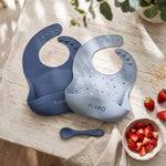 PLUM 3 Piece Silicone Bib and Spoon Set - Steel Blue/Denim - Bubba Blue Australia
