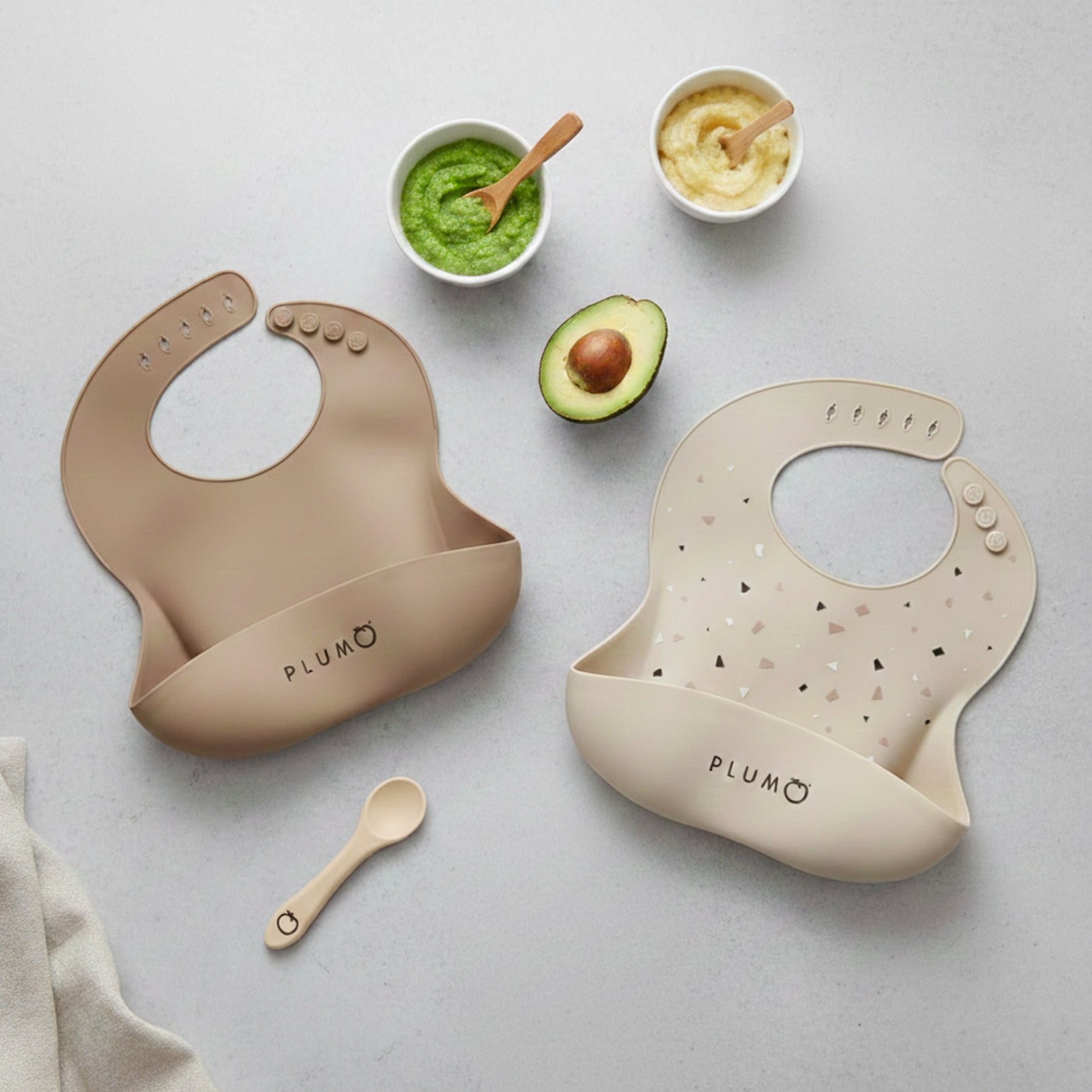 PLUM 3 Piece Silicone Bib and Spoon Set - Sand/Nutmeg - Bubba Blue Australia
