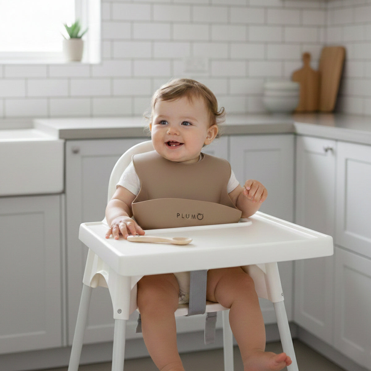 PLUM 3 Piece Silicone Bib and Spoon Set - Sand/Nutmeg - Bubba Blue Australia