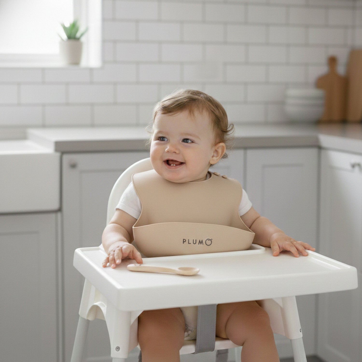 PLUM 3 Piece Silicone Bib and Spoon Set - Sand/Nutmeg - Bubba Blue Australia