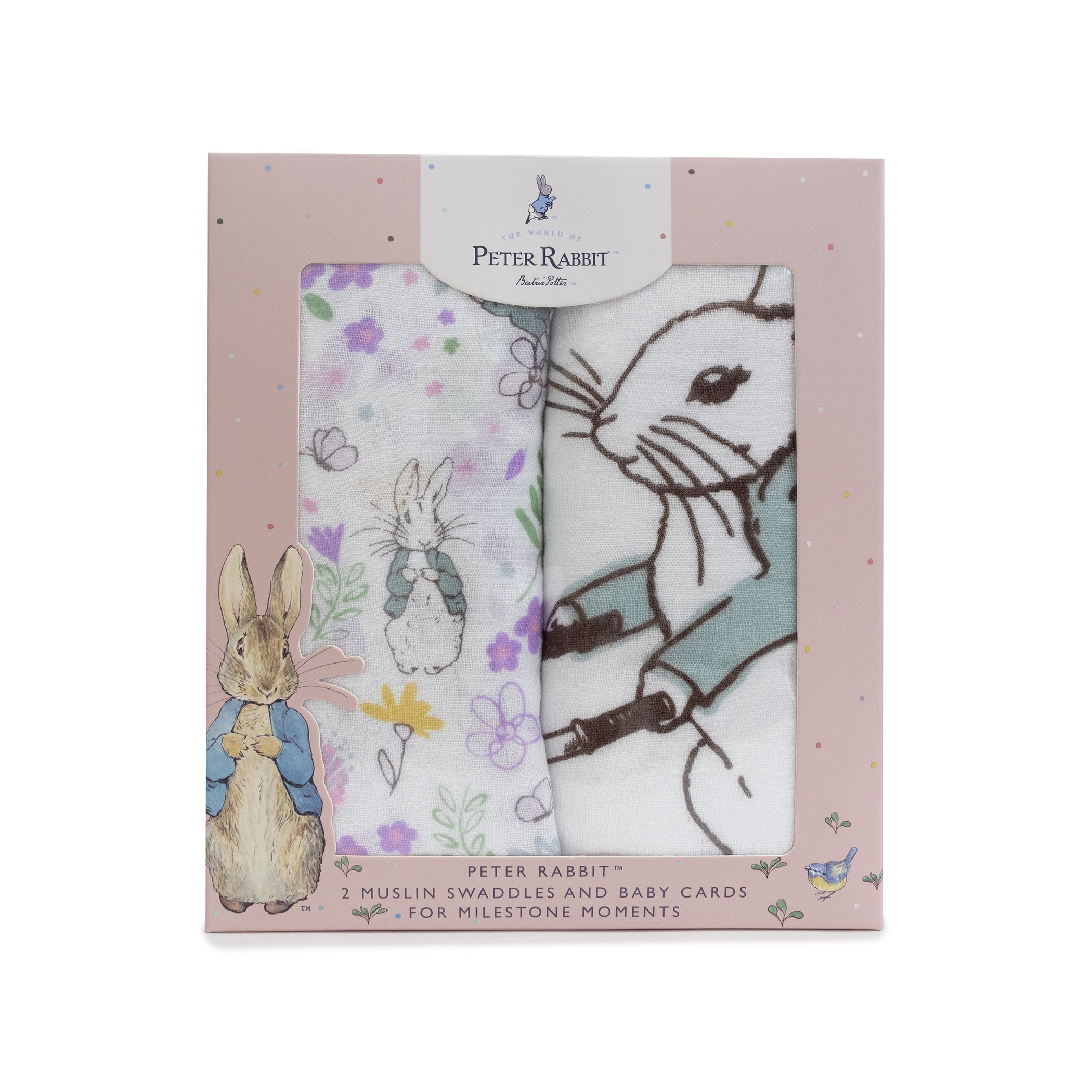 Peter Rabbit 'New Adventure' 2PK Muslin Wraps & Milestone Cards Set - Pink