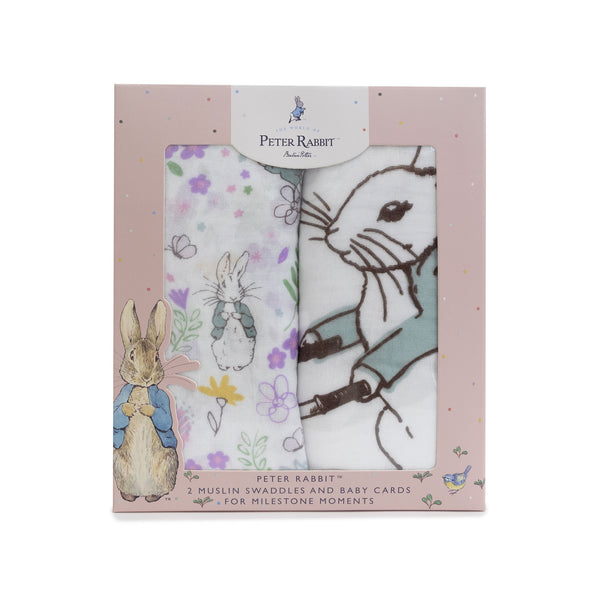 Peter Rabbit 'New Adventure' 2PK Muslin Wraps & Milestone Cards Set - Pink