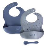 PLUM 3 Piece Silicone Bib and Spoon Set - Steel Blue/Denim - Bubba Blue Australia