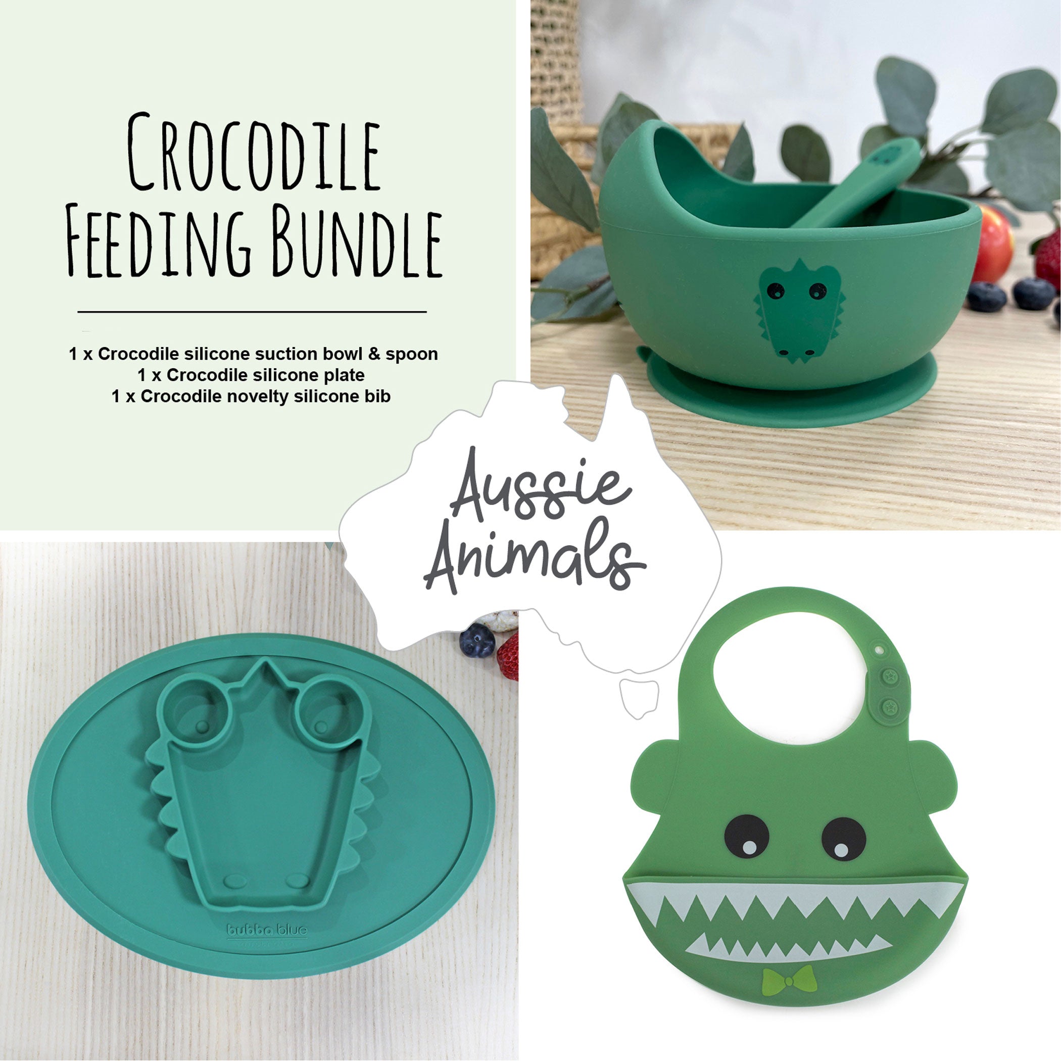 Aussie Animals 'Crocodile' Feeding Bundle - Silicone Bowl & Spoon, Plate and Bib