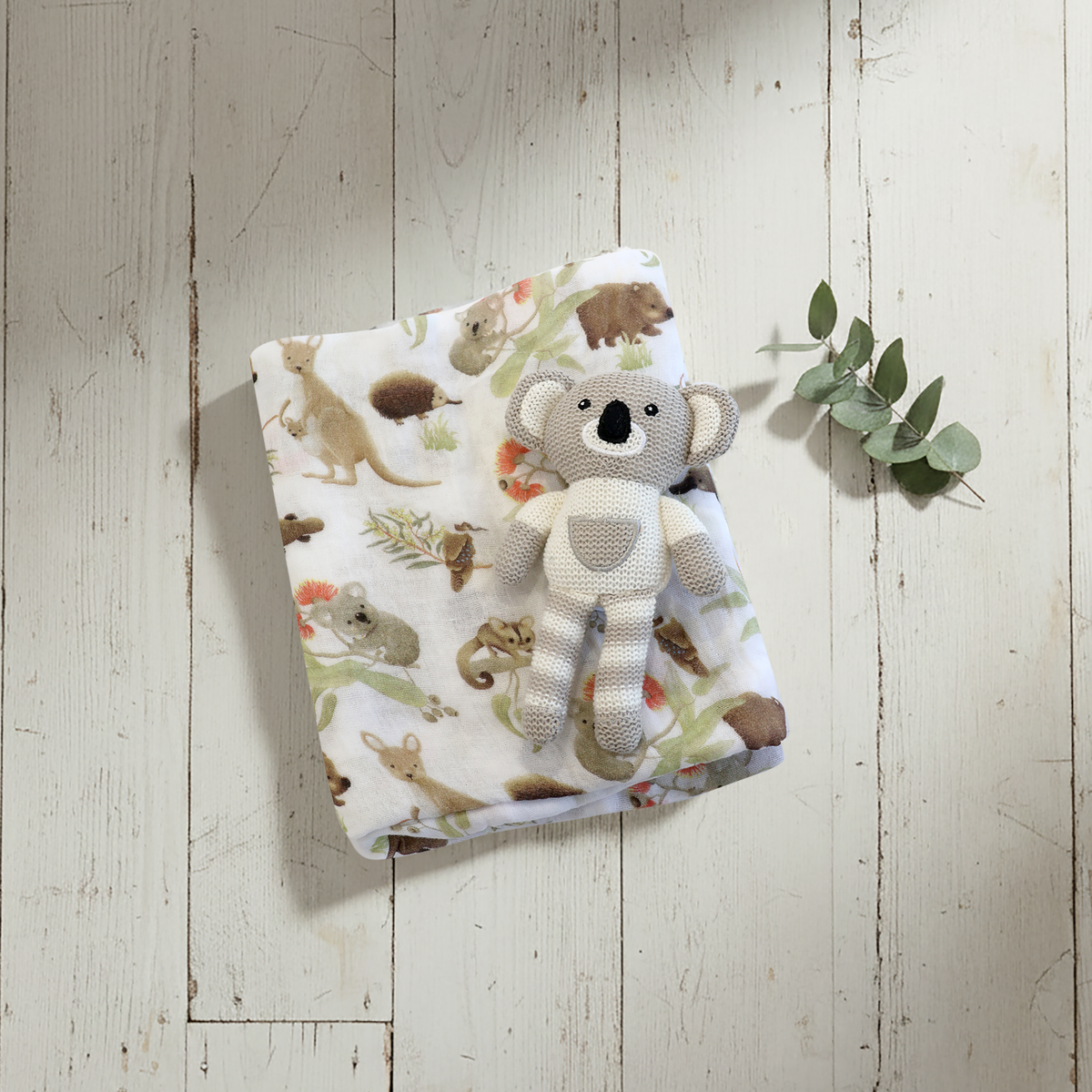 Aussie Animals Koala Muslin Swaddle Wrap and Knit Rattle Toy Gift Set - Bubba Blue Australia