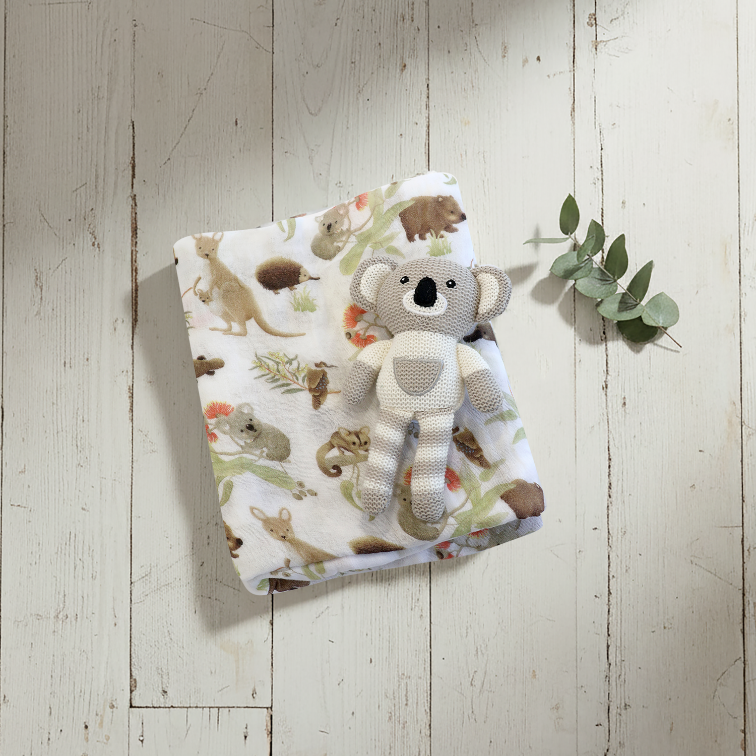 Aussie Animals Koala Muslin Swaddle Wrap and Knit Rattle Toy Gift Set - Bubba Blue Australia
