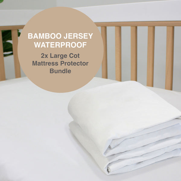 2x Bamboo White Large Cot Jersey Waterproof Mattress Protector Bundle