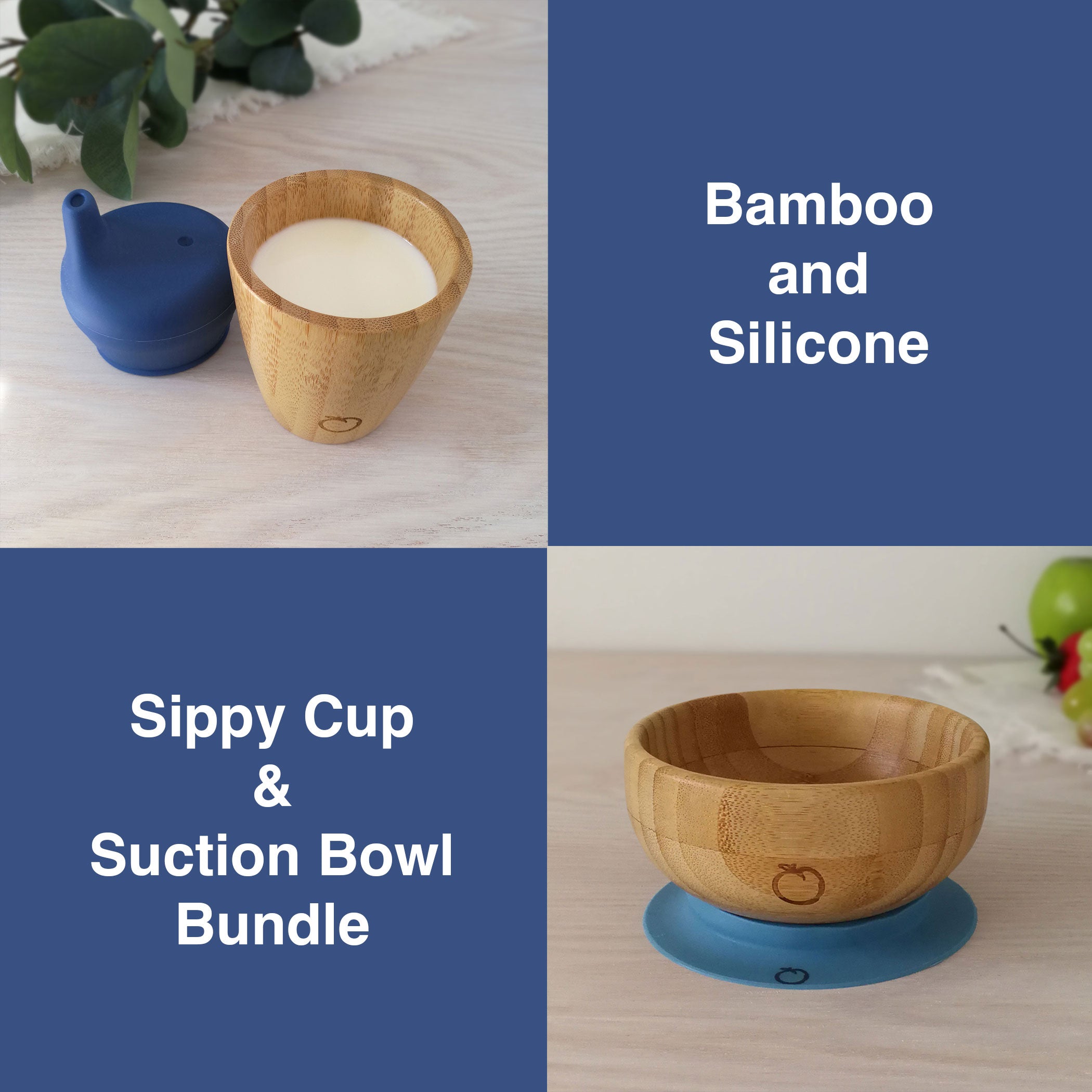 Plum Bamboo and Silicone Sippy Cup & Suction Bowl Bundle - Navy & Teal