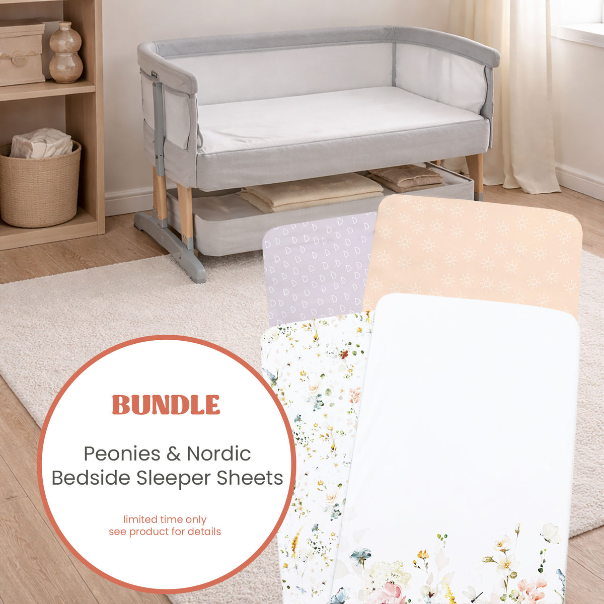 4x Jersey Bedside Sleeper Fitted Sheets Bundle - Peonies & Nordic Peach/Lilac - Bubba Blue Australia