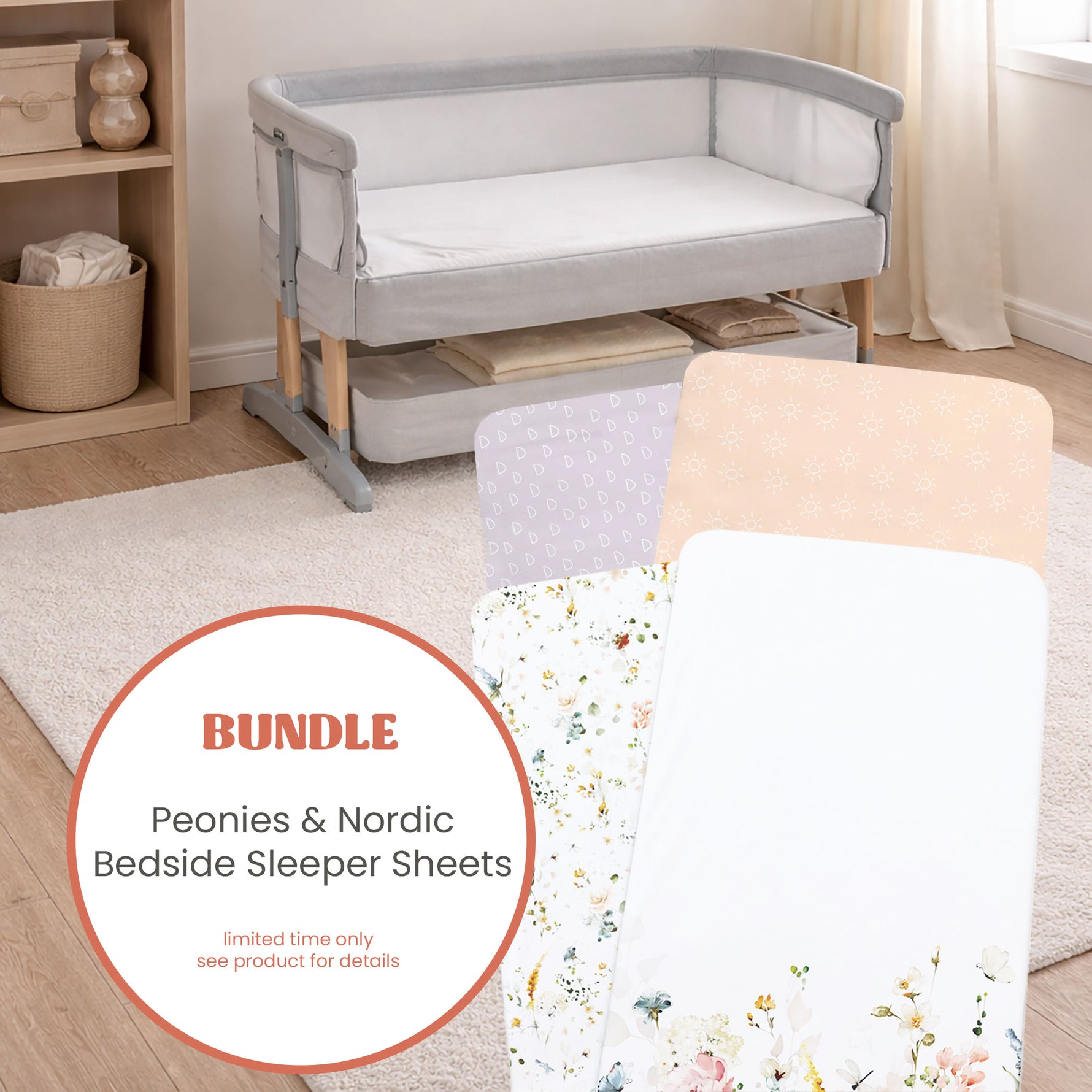 4x Jersey Bedside Sleeper Fitted Sheets Bundle - Peonies & Nordic Peach/Lilac - Bubba Blue Australia