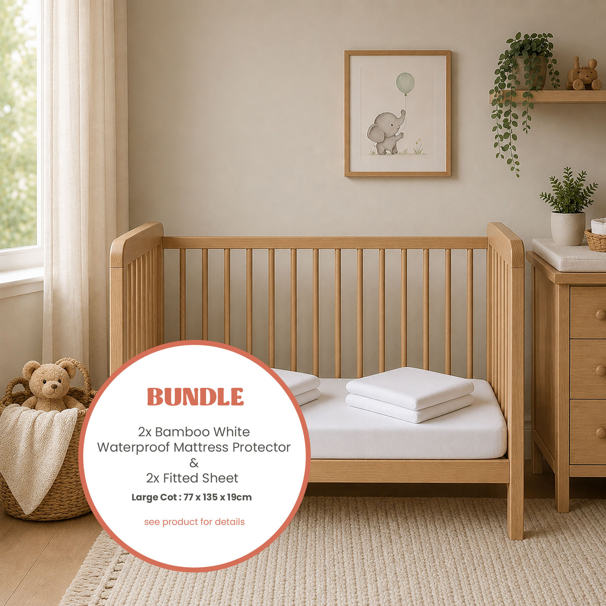 Bamboo White Large Cot 2x Fitted Sheets & 2x Mattress Protectors Bundle - Bubba Blue Australia