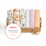 6pk Muslin Wraps Bundle - Peonies & Nordic Peach/Lilac - Bubba Blue Australia