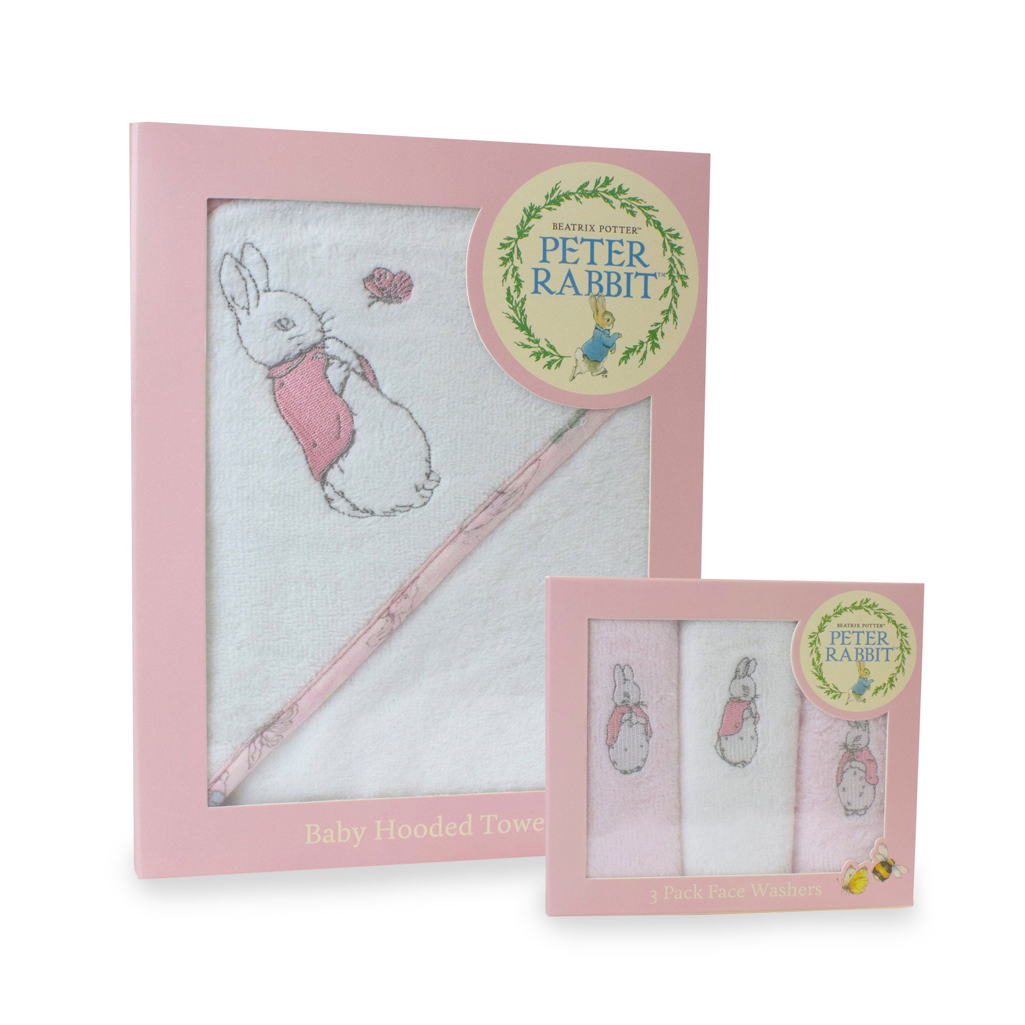 Peter Rabbit 'Hop Little Rabbit' Hooded Towel & Face Washers Bundle - Pink