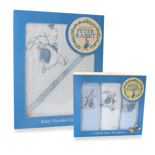 Peter Rabbit 'Hop Little Rabbit' Hooded Towel & Face Washers Bundle - Blue