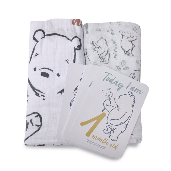 Disney Classic Pooh 2PK Muslin Wraps & Milestone Cards Set