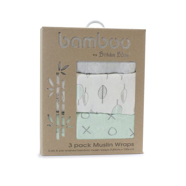 Mint Meadow Bamboo 3pk Muslin Swaddle Wraps - Bubba Blue Australia